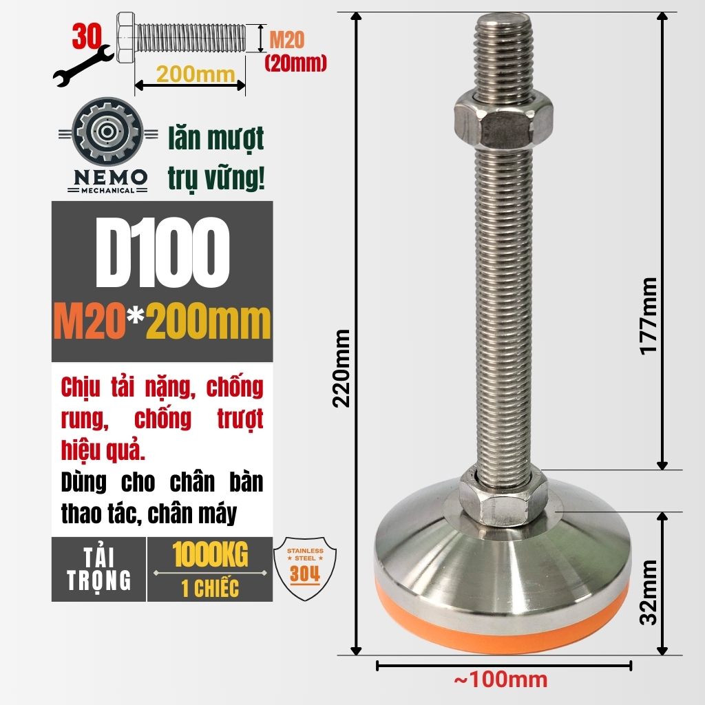 Chân Tăng Chỉnh Inox 304 Ren M20 – Đế Bát Dày 100mm, Chịu Tải Siêu Nặng 1 Tấn/Chiếc